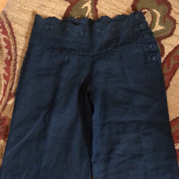 ELEVENSES Size 2 Sailor Pant Wide Leg Crop Linen Embroidery Eyelet Blue $128 NEW - Picture 6 of 11